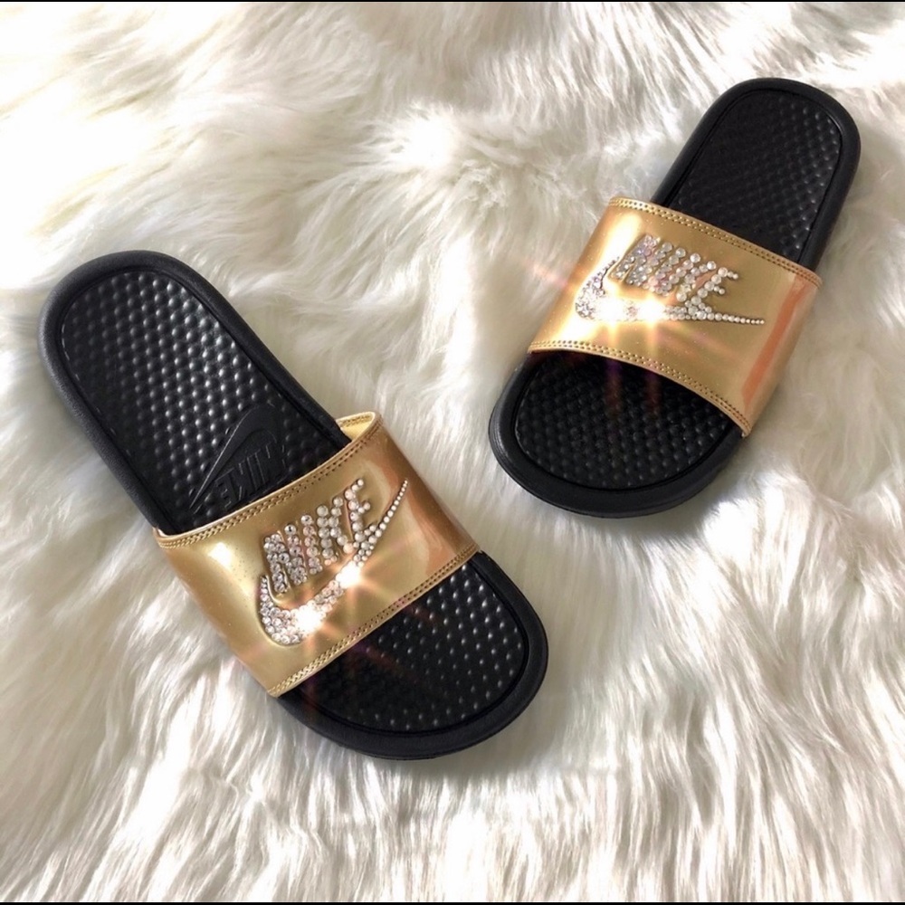 ⚡️Custom Bling Nike Benassi Slides (Gold)⚡️